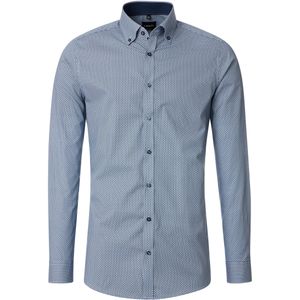 VENTI - Body Fit Overhemd - Blauw Dessin - Popeline - Strijkvriendelijk