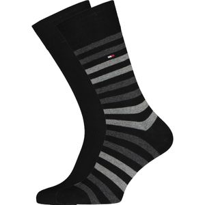 Tommy Hilfiger Duo Stripe Socks (2-pack), herensokken katoen, gestreept en uni, zwart met grijs -  Maat: 39-42