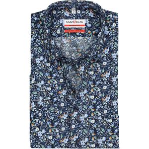 MARVELIS modern fit overhemd, korte mouw, popeline, blauw met gekleurde bloemen dessin