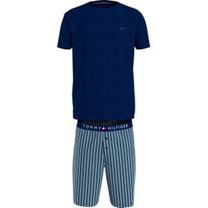 Tommy Hilfiger heren shortama O-hals, Short Woven Set, blauw met gestreepte broek -  Maat: M