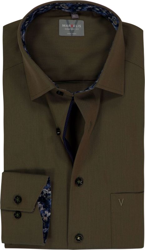 MARVELIS - Comfort Fit - Overhemd - Olijfgroen - Popeline - Strijkvrij