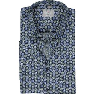 MARVELIS - Comfort Fit - Overhemd - Blauw met Groen en Wit Dessin - Korte Mouw - Popeline