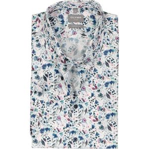 OLYMP comfort fit overhemd, korte mouw, popeline, wit met blauw en roze bloemen dessin - Maat: 42 42