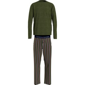 Tommy Hilfiger heren pyjama O-hals, woven set, olijfgroen met gestreepte broek -  Maat: M