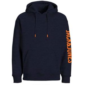 JACK & JONES Runner sweat hood regular fit, heren hoodie katoenmengsel met capuchon, donkerblauw melange met oranje