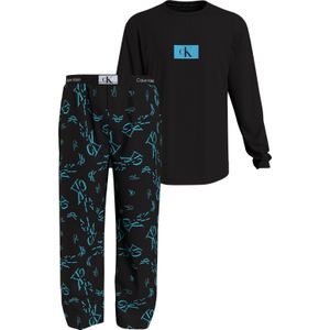 Calvin Klein pyjama, heren long sleeve pant set, zwart met turquoise dessin -  Maat: S