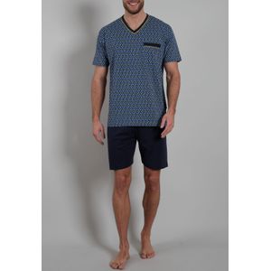 Gotzburg heren shortama V-hals, middenblauw mini dessin