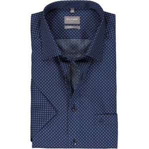 OLYMP comfort fit overhemd, korte mouw, popeline, donkerblauw met wit en lichtblauw dessin 48