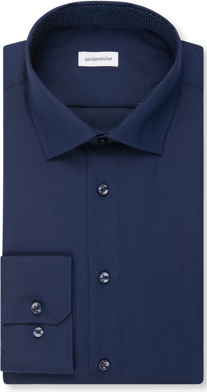 Seidensticker - Businessoverhemd - Donkerblauw - Shaped 1/1 Extra Lange Kentkraag - Effen