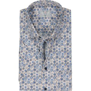 MARVELIS - Overhemd - Beige Blauw Wit Dessin - Comfort Fit - Korte Mouwen