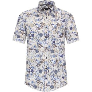 CASA MODA - Sport Casual Fit Overhemd - Korte Mouw - Wit met Blauw en Beige Dessin - Strijkvriendelijk