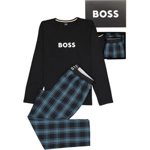 HUGO BOSS Easy Long Set, heren pyjamaset, zwart met geruite broek met turquoise in geschenkverpakking -  Maat: S