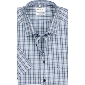 OLYMP modern fit overhemd, korte mouw, popeline, blauw met beige en wit geruit 45