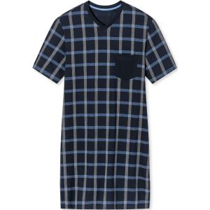 SCHIESSER Comfort Nightwear nachthemd, heren nachthemd korte mouw organic cotton V-hals borstzak nachtblauw geruit -  Maat: S