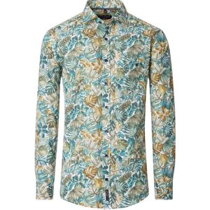 CASA MODA Sport casual fit overhemd, popeline, wit met groen en aqua bladeren dessin