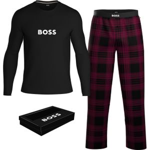 BOSS Easy Long Set, heren lounge set, zwart met donkerrood geruite broek