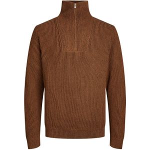 JACK & JONES Arlie knit half zip slim fit, heren schipperstrui katoen met opstaande boord, bruin met donkerbruin -  Maat: XXL