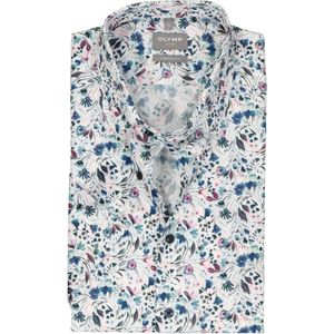 OLYMP comfort fit overhemd, korte mouw, popeline, wit met blauw en roze bloemen dessin 40