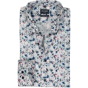 OLYMP modern fit overhemd, popeline, wit met blauw en roze bloemen dessin 38