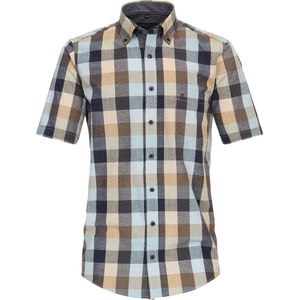 CASA MODA - Sport Casual Fit Overhemd - Korte Mouw - Blauw met Beige Geruit - Strijkvriendelijk