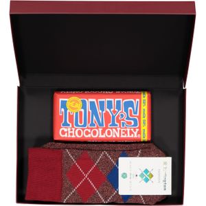Hot Chocolade heren cadeauset Burlington Huissokken met melk chocolade, rood geruit -  Maat: 40-46
