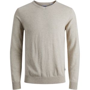 JACK & JONES Emil knit v-neck slim fit, heren pullover viscosemengsel met V-hals, beige melange -  Maat: XS