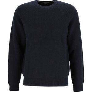 BOSS Derlino regular fit trui katoen met wol, heren trui middeldik O-hals, donkerblauw