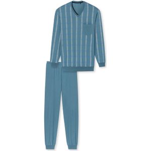SCHIESSER Comfort Nightwear pyjamaset, heren pyjama lang organic cotton V-hals manchetten borstzak blauw-grijs geruit -  Maat: 4XL