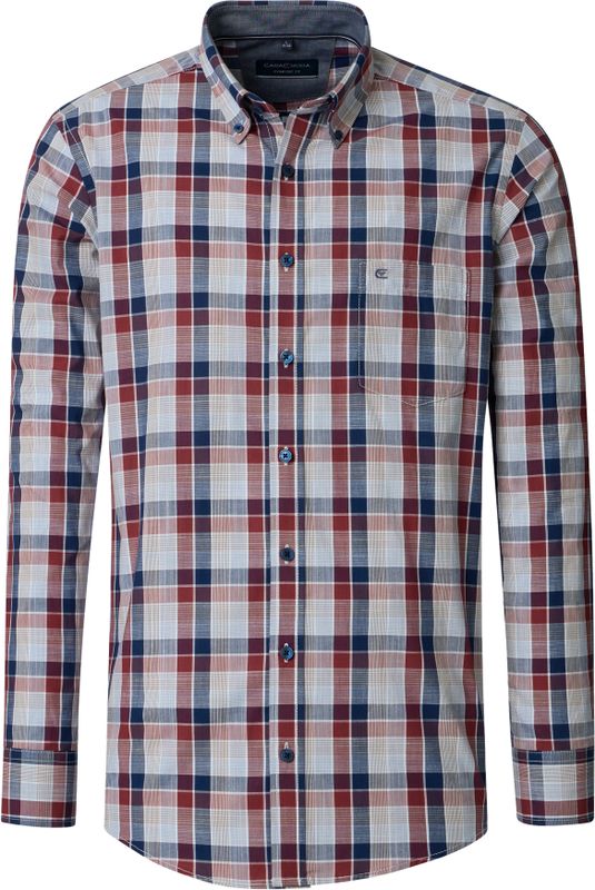 CASA MODA - Sport Comfort Fit Overhemd - Chambray - Blauw met Donkerrood en Beige Geruit