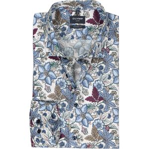 OLYMP modern fit overhemd, popeline, wit met blauw en donkerroze bloemen dessin 42