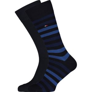 Tommy Hilfiger Duo Stripe Socks (2-pack), herensokken katoen, gestreept en uni, blauw -  Maat: 39-42