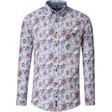 CASA MODA - Sport Casual Fit - Overhemd - Beige met Blauw Wit en Donkerrood Dessin