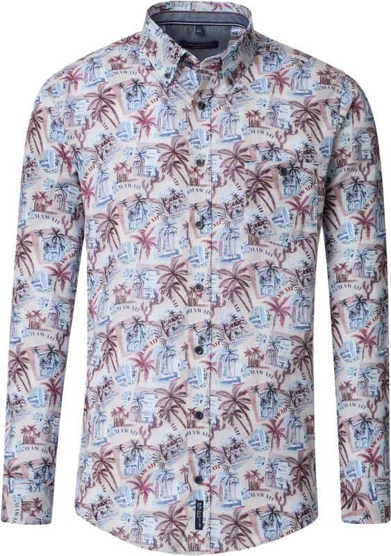 CASA MODA - Sport Casual Fit - Overhemd - Beige met Blauw Wit en Donkerrood Dessin