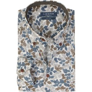 Ledub modern fit overhemd, wit met blauw en bruin dessin