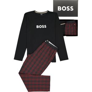 HUGO BOSS Easy Long Set, heren pyjamaset, zwart met geruite broek met rood in cadeauverpakking -  Maat: L