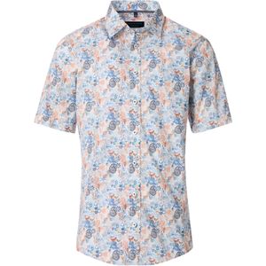 CASA MODA - Sport Comfort Fit - Overhemd - Wit met Blauw en Oranje Dessin - Korte Mouw