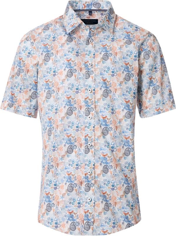 CASA MODA - Sport Comfort Fit - Overhemd - Wit met Blauw en Oranje Dessin - Korte Mouw