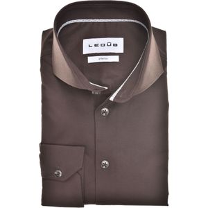 Ledub - Slim Fit Overhemd - Donkerbruin - Popeline - Strijkvriendelijk
