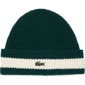 Lacoste muts wol, unisex gebreide muts, groen met ecru streep