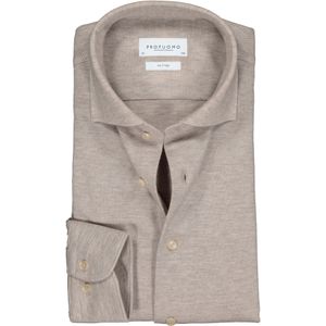 Profuomo slim fit jersey overhemd, knitted shirt pique, beige melange