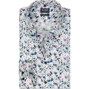 OLYMP modern fit overhemd, mouwlengte 7, popeline, wit met blauw en roze bloemen dessin