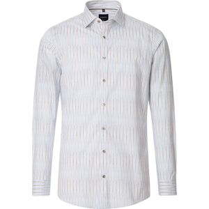 VENTI - Body Fit Overhemd - Wit met Blauw en Beige Gestreept - Popeline