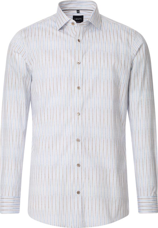 VENTI - Body Fit Overhemd - Wit met Blauw en Beige Gestreept - Popeline