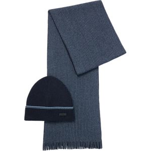 HUGO BOSS muts en sjaal katoen-wol, heren muts met omslag en gebreide sjaal, donkerblauw -  Maat: One size