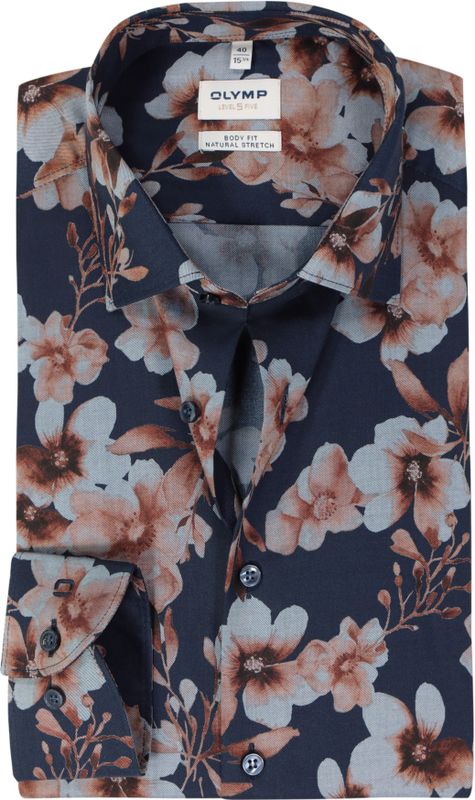 OLYMP - Level 5 - Body Fit Overhemd - Marine Blauw Dobby - Strijkvriendelijk