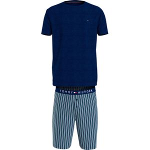 Tommy Hilfiger heren shortama O-hals, Short Woven Set, blauw met gestreepte broek -  Maat: XL