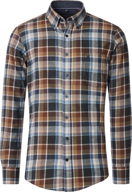 CASA MODA - Sport Casual Fit - Overhemd - Bruin - Blauw en Beige Geruit - Strijkvriendelijk