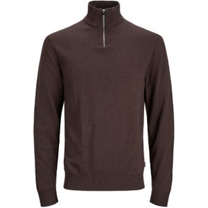 JACK & JONES Emil knit half zip slim fit, heren schipperstrui viscosemengsel met opstaande boord, bruin