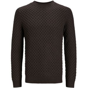 JACK & JONES Steen structure knit slim fit, heren pullover katoenmengsel met O-hals, donkerbruin