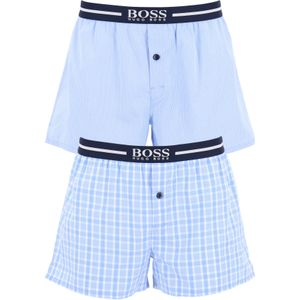 HUGO BOSS boxershorts woven (2-pack), heren boxers wijd model, lichtblauw met wit geruit en gestreept -  Maat: XL
